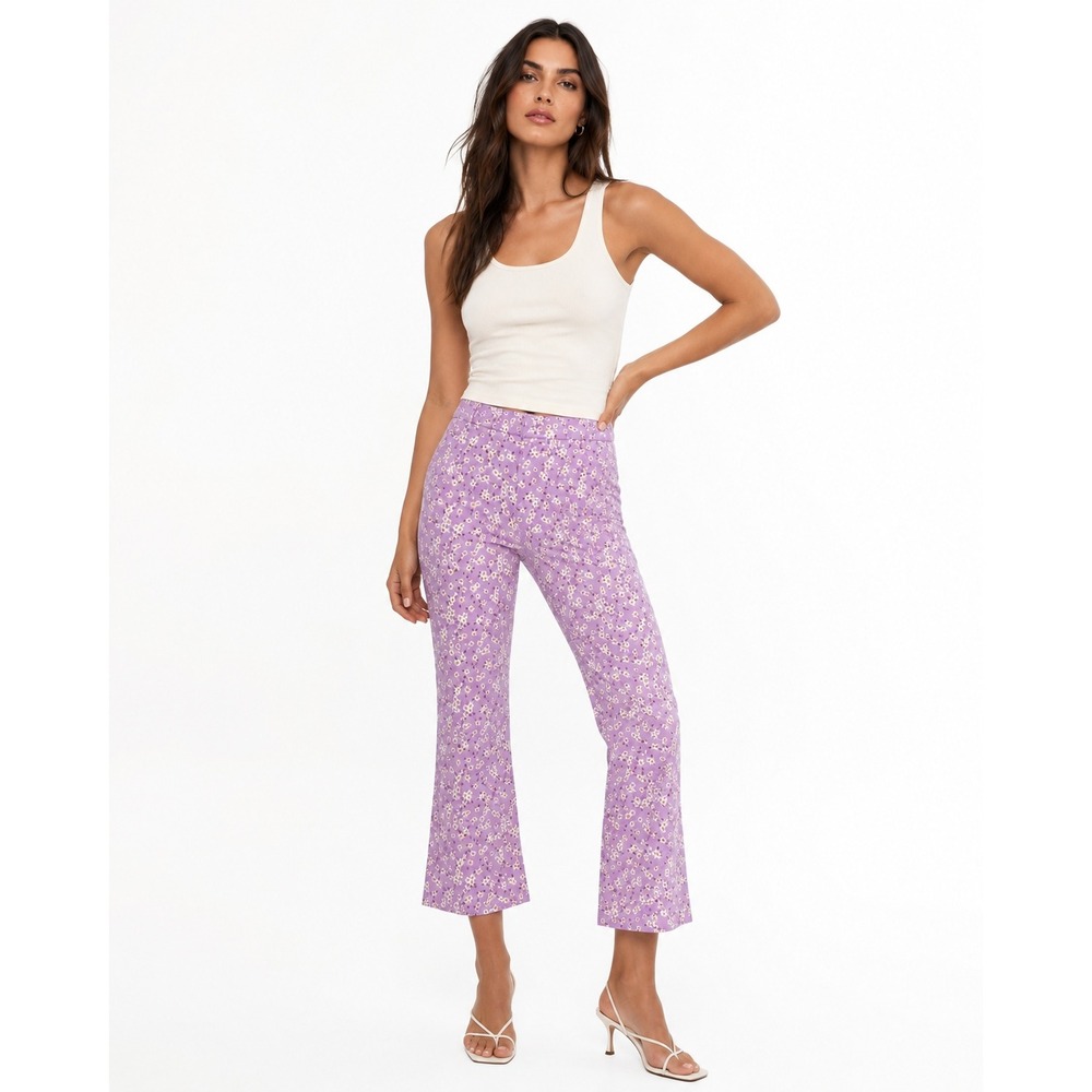 Zara Purple Floral Daisy High Waisted Cropped Flare Pants XS Retro Boho Slim